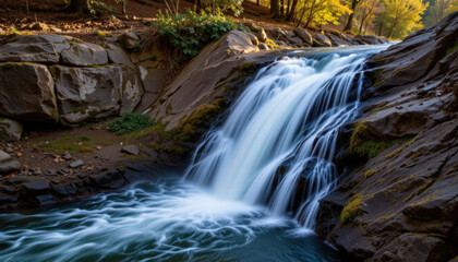 Obraz premium Serene and silky smooth waterfall cascades over rocky terrain, surrounded by lush greenery and autumn foliage, creating tranquil atmosphere in nature