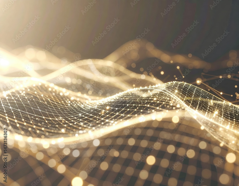 Poster digital abstract of flowing data streams golden grid with glowing