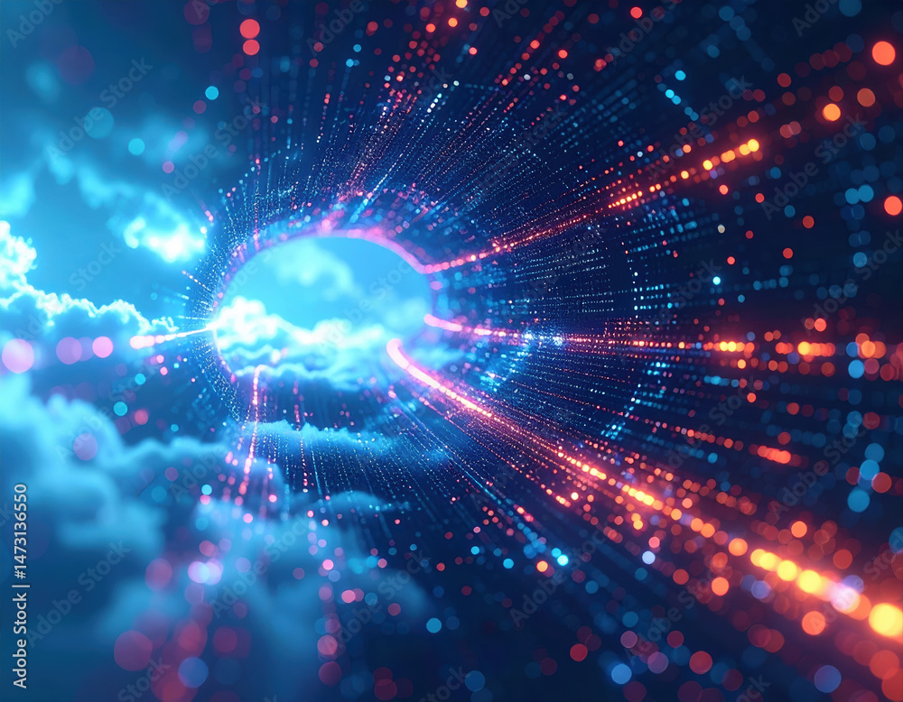 Poster digital visualization of cloud data particles flowing through