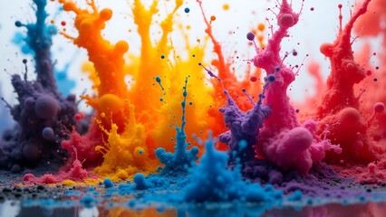 Multicolored splashes of paint frozen in the air on a light background, dynamic composition.