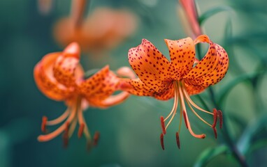 Close-up of Tiger Lily with Vibrant Orange Petals and Dark Spots Against a Green Blurred Background. Wild and Vivid Floral Style Depiction.