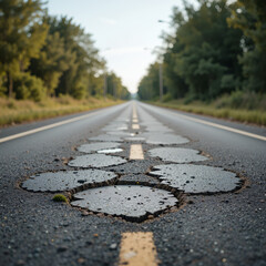 Fototapeta premium The road is in disrepair with potholes. Background with selective focus as copy space