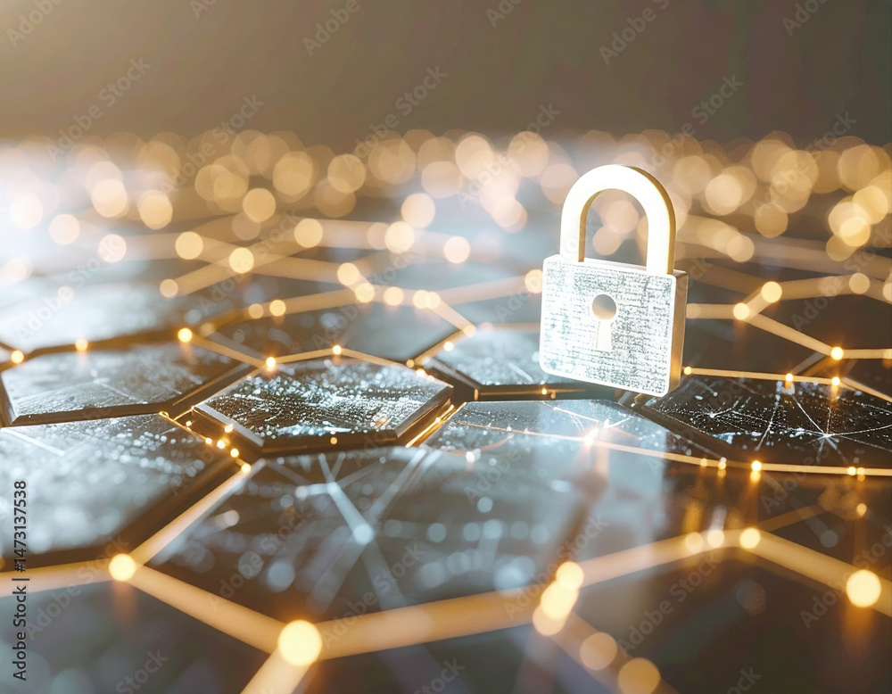 Poster digital security concept with lock network of interconnected