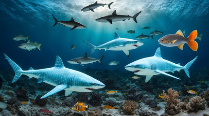 Fototapeta premium Diverse Sharks and Fish in a Vibrant Underwater Coral Reef Scene
