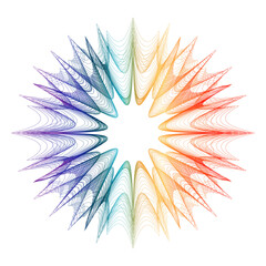 Abstract glowing geometry star with colourful light streaks, futuristic digital art concept, luminous floral-inspired design, transparent background, creative element, chakras. Sound wave.