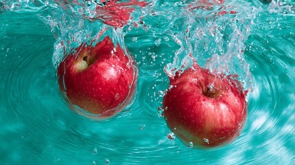Close up shot of two red apple falling into pool of teal water droplet flying off they create ripples splashes smooth water surface high contrast between colors cut out isolated transparent background