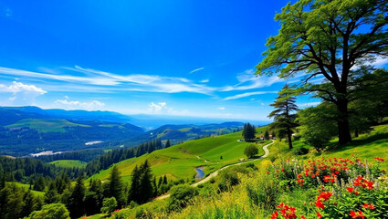 Obraz premium Beautiful summer landscape with a river and a tree in the foreground
