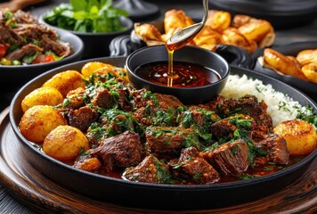 Flavorful Beef Stew with Herbs and Spices on a Black Platter Alongside Golden Potatoes, Rice, and Garnishes in a Rustic Setting