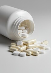 Pills and capsules spilling from a white pill bottle