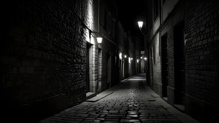 Dark alleyway with a brick wall and a light on the wall. There are several doors on the wall
