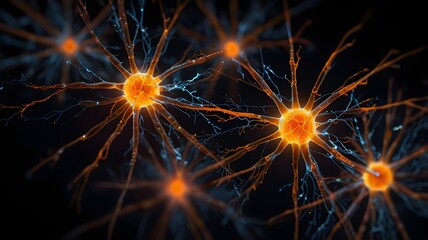 Group of orange and blue neurons. The orange ones are larger than the blue ones