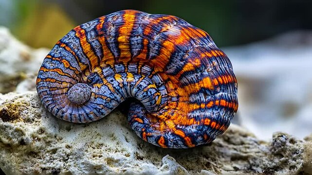 Colorful shell of a marine gastropod resting on a rock, showcasing vibrant patterns in a natural setting