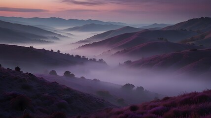 Mountain range with a foggy mist. The mountains are purple. The sky is orange