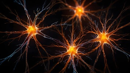 Three orange neurons are shown in a black background. The neurons are connected to each other. The image is in black and white