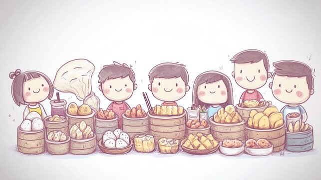 Cute cartoon characters enjoy a diverse selection of dim sum.