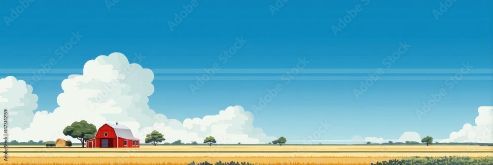 Poster Flat Design of a Serene Farm Landscape Featuring a Red Barn and Golden Fields Under a Clear Sky Suitable for Text Placement