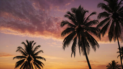 Obraz premium Silhouette of palm trees at sunset. Silhouette palm tree at tropical beach. 