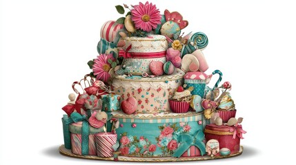 Ornate, multi-tiered cake decorated with fanciful embellishments.