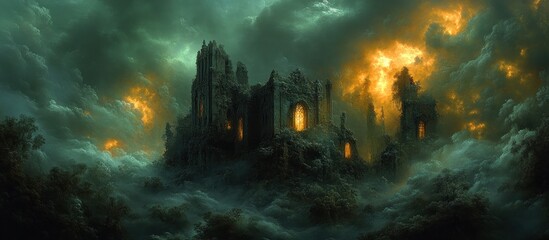 Fototapeta premium Ruined castle on a misty, stormy night