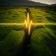 Heartbeat pulse glowing across moss-covered terrain