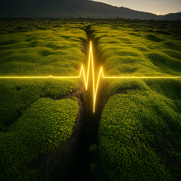 Heartbeat pulse glowing across moss-covered terrain