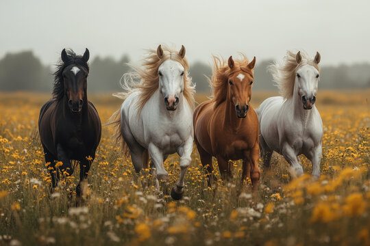 horses running in field of flowers.