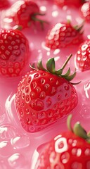 Fresh strawberries in a pink liquid.  Close-up view of vibrant red berries, glossy and glistening with a sweet pink syrup