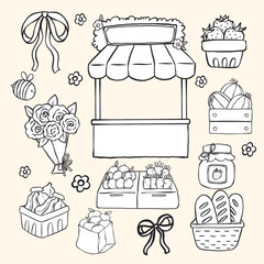 Fototapeta na wymiar Cute Girly Farmers Market Stand and Fruit, Veggies, Floral Produce Doodle Outline Hand Drawn Coloring Image Set