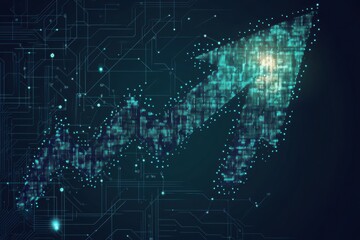 Obraz premium Large upward-pointing arrow made of digital pixels represents the rise in cryptocurrency value with a circuit-patterned background highlighting growth potential