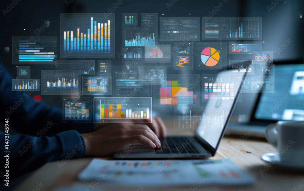 Fototapete Person working on laptop with holographic data visualizations, charts, and graphs displayed, showing business analytics and data analysis. : Generative AI