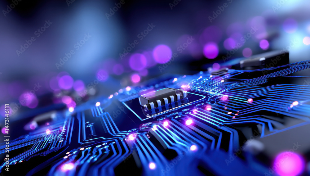 Poster Close-up view of a circuit board with glowing blue lines and a central processor, showcasing intricate technological detail and vibrant color. : Generative AI