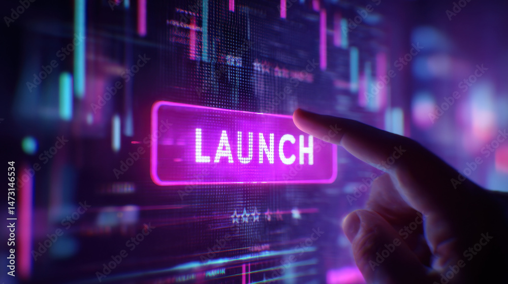 Poster Finger presses a glowing pink launch button on a futuristic digital interface, surrounded by vibrant neon data streams and code. : Generative AI