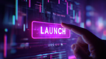 Finger presses a glowing pink launch button on a futuristic digital interface, surrounded by vibrant neon data streams and code. : Generative AI