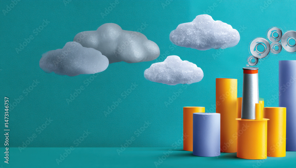 Poster Stylized illustration of a factory emitting pollution, depicted with clouds and geometric shapes against a teal background.  The image conveys environmental themes. : Generative AI
