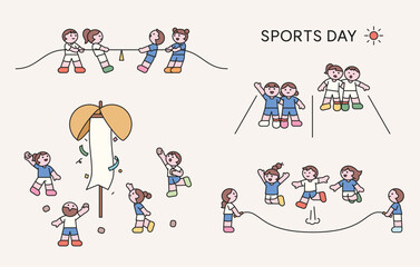Children playing tug-of-war, beanbag toss, and group jump rope during school sports day. Flat cartoon kids activity illustration.