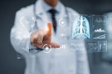 Doctor using futuristic touchscreen interface displaying medical data, including a lung x-ray and various health metrics, showcasing advanced healthcare technology. : Generative AI