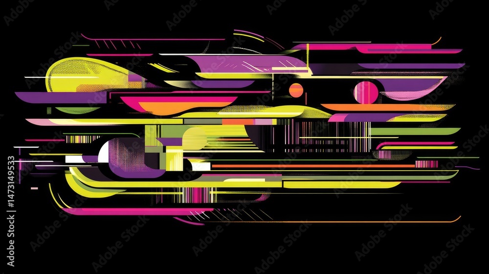 Poster abstract geometric shapes of varying sizes in bold neon colors, creating a visually impactful design