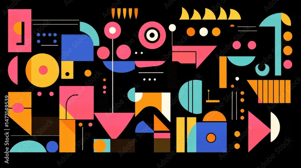 Poster abstract geometric shapes of varying sizes in bold neon colors, creating a visually impactful design
