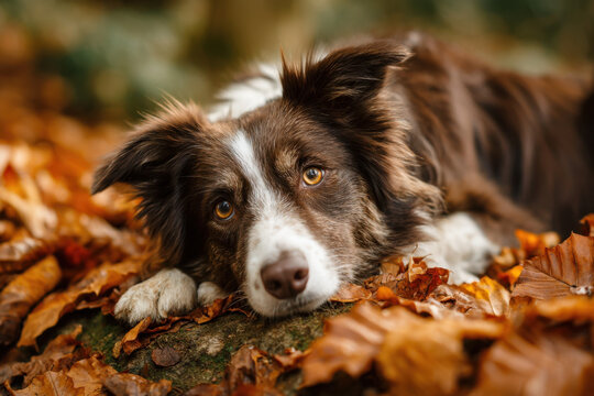 Adorable brown and white border collie dog resting peacefully amidst a bed of autumn leaves, showcasing its expressive eyes and soft fur. : Generative AI