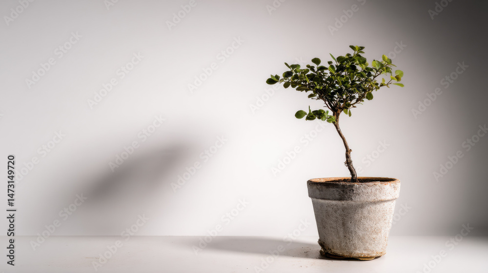 Aufkleber small bonsai tree in a rustic, light gray pot sits on a white surface against a white wall, casting 