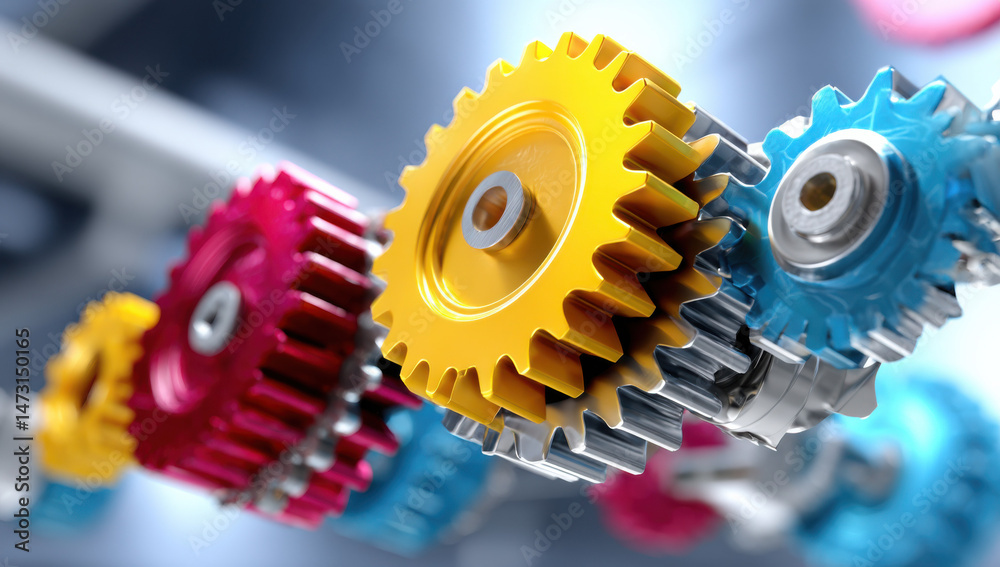 Poster close-up view of colorful metallic gears interlocked, showcasing intricate details and a dynamic sen