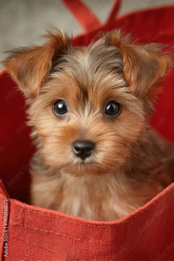 Poster adorable yorkshire terrier puppy peering from a red canvas tote bag, showcasing its fluffy brown fur