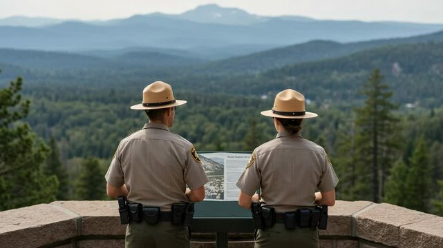 Two Park Rangers Analyzing a Detailed Map at a Scenic Overlook with Lush Green Mountains in the Background During Daylight