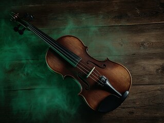 Fototapeta premium Vintage violin resting on a wooden surface, surrounded by green smoke.