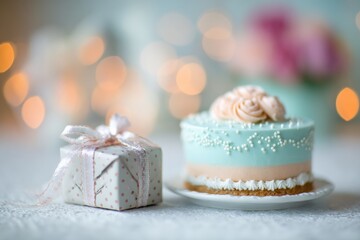 Celebration Setup Featuring a Beautifully Crafted Birthday Cake and a Wrapped Gift With a Soft Bokeh Background Creating a Festive Atmosphere