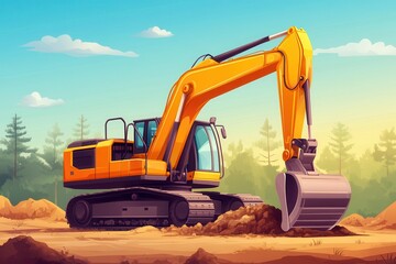 Construction excavator digging in a forested area under a clear blue sky at sunset