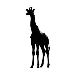 Elegant silhouette of a giraffe standing tall against a dark background on transparent background