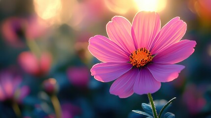 Fototapeta premium Pink cosmos flower in golden sunlight