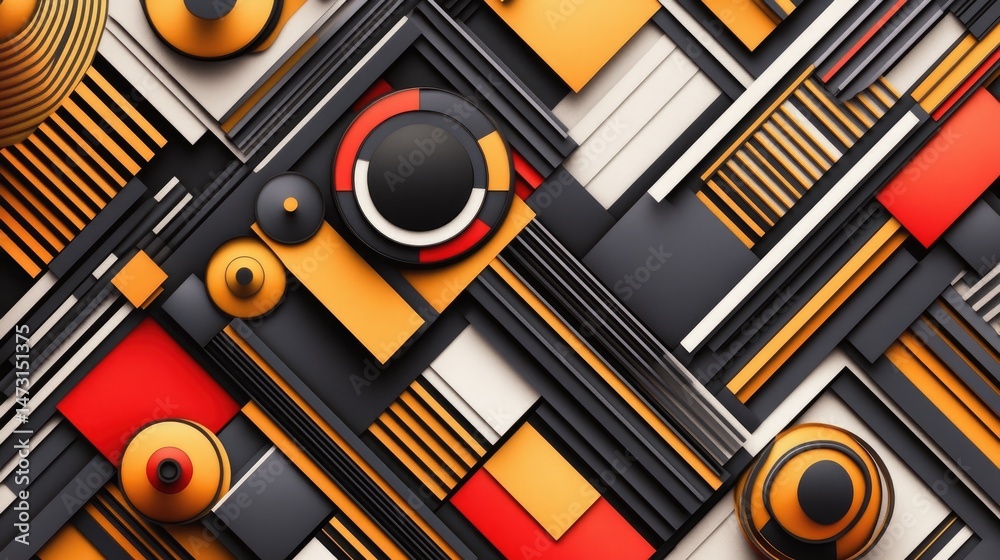 Poster an abstract geometric design with intersecting lines, angles, and color blocks arranged in a complex