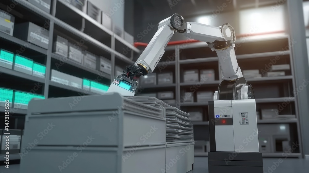 Poster automated robotic arm placing documents into trays with barcode scanner and sort system active